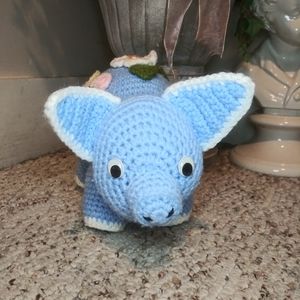 3/$18 Vtge. Blue/White Hand Crocheted Cottagecore Style Pig With Pastel Flowers